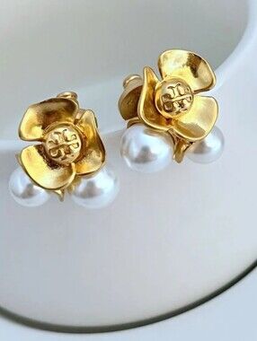 Tory Burch Gold Flower Pearl Back-Stud Earrings